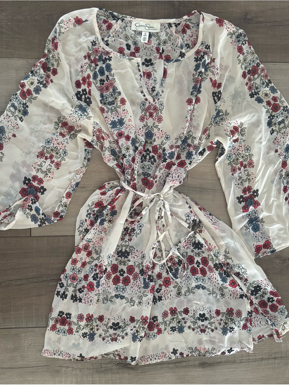 NWOT Jessica Simpson Maternity Ivory Sheer Floral Tie-Waist Tunic